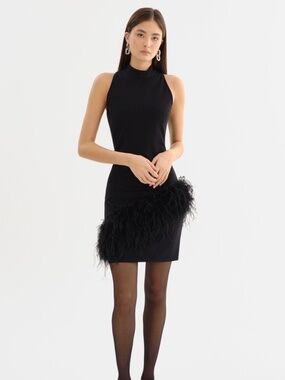 LAMARQUE Black Ostrich Feather Mock Neck Dress